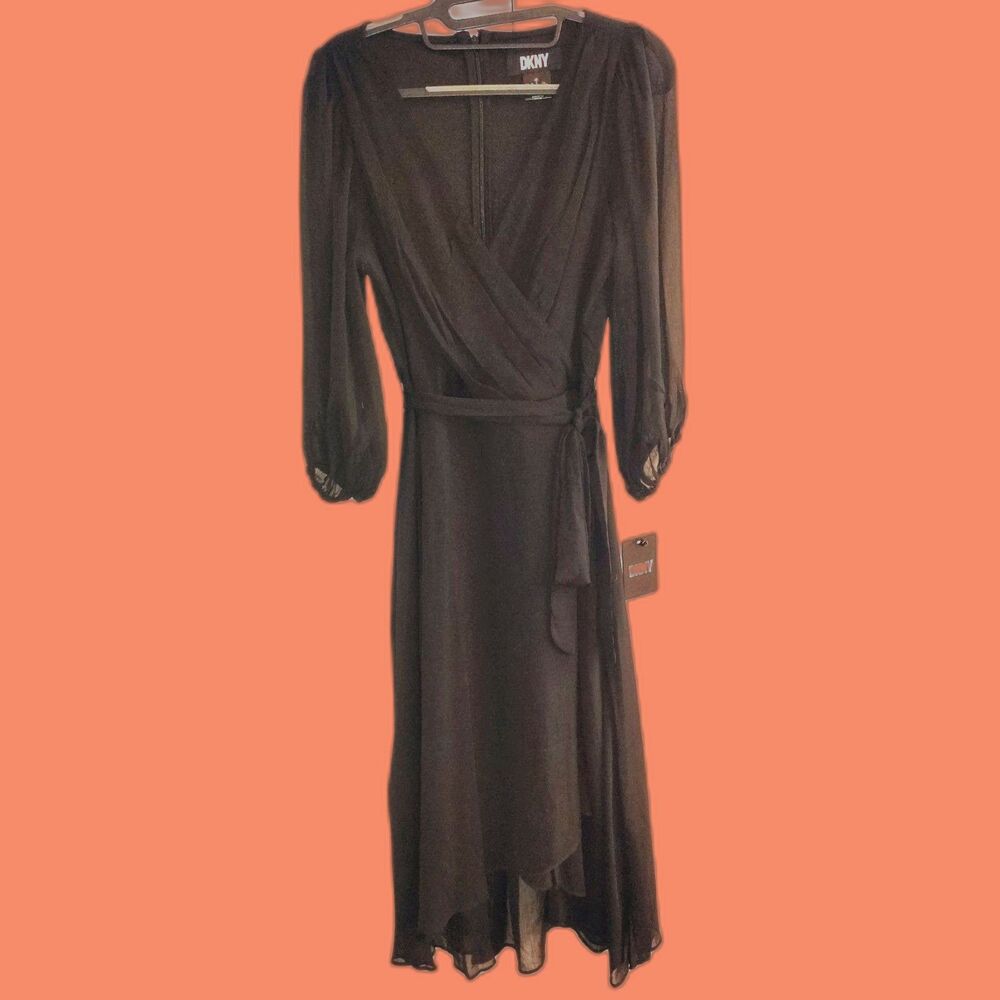 NWT DKNY Balloon Half Sleeve Faux Wrap Midi Dress Size 8 Black Cocktail Evening